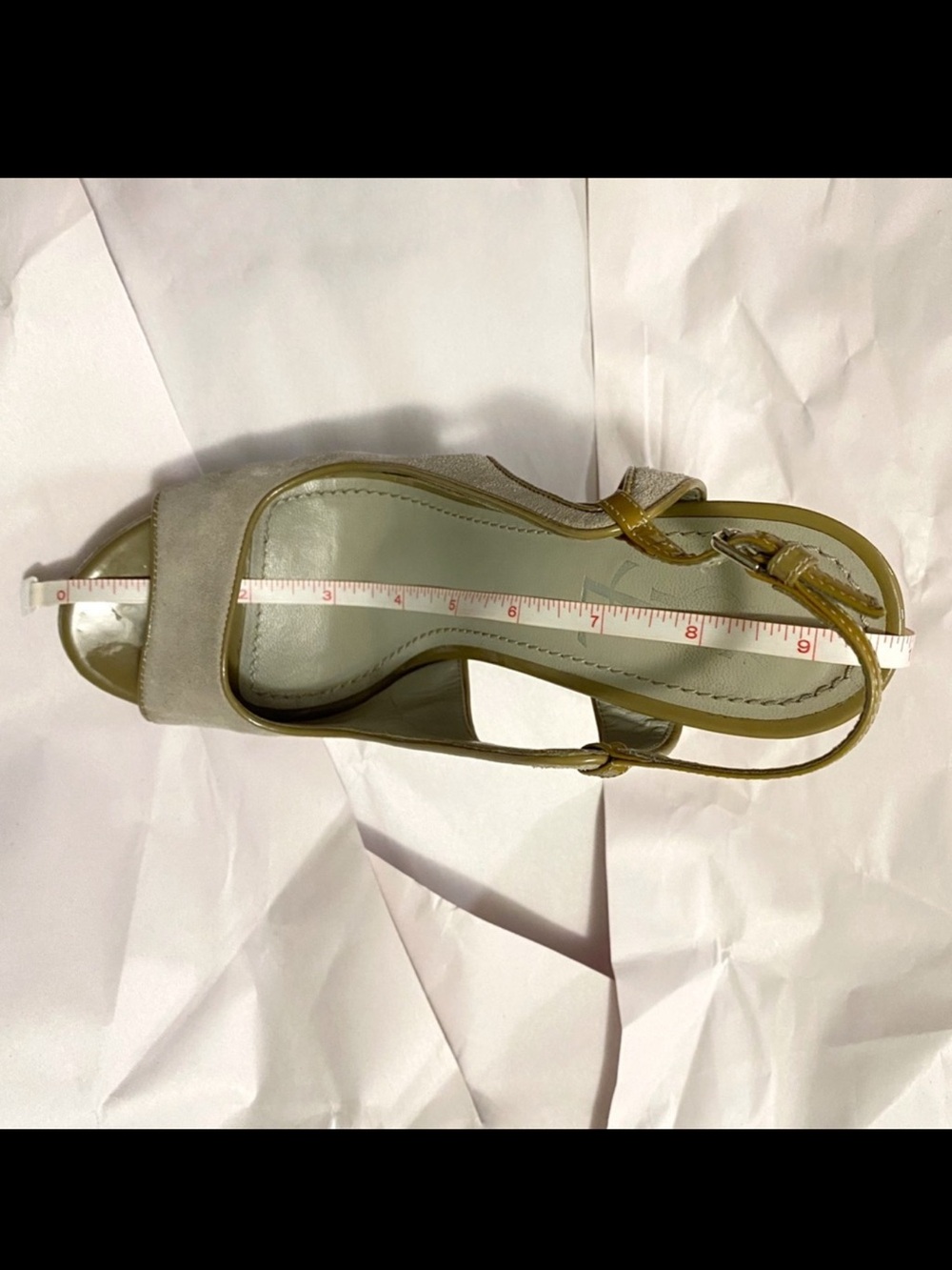 YSL YVES SAINT LAURENT GRAY SUEDE GREEN TRIM PLATFORM TRIBUTE SLINGBACK HEELS - Picture 12 of 13